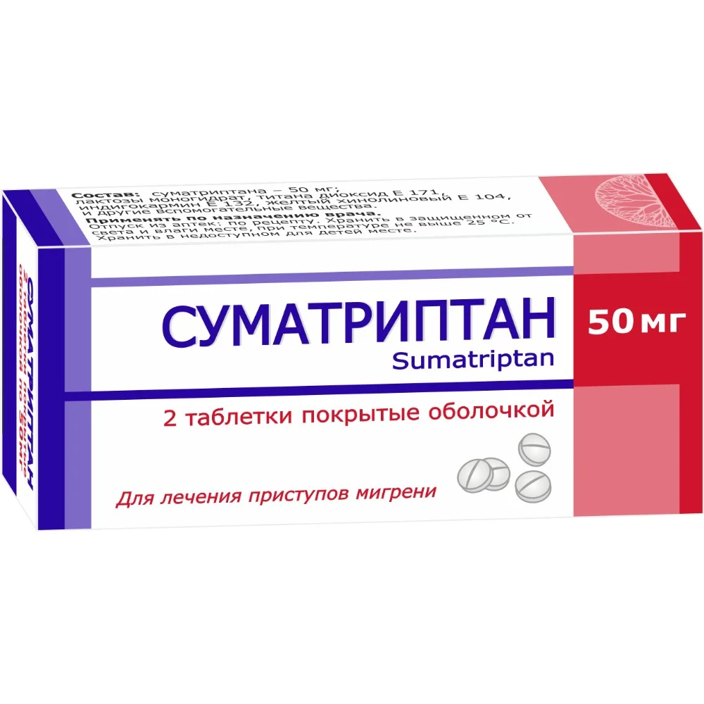 Суматриптан таблетки п/о 50мг упаковка №2