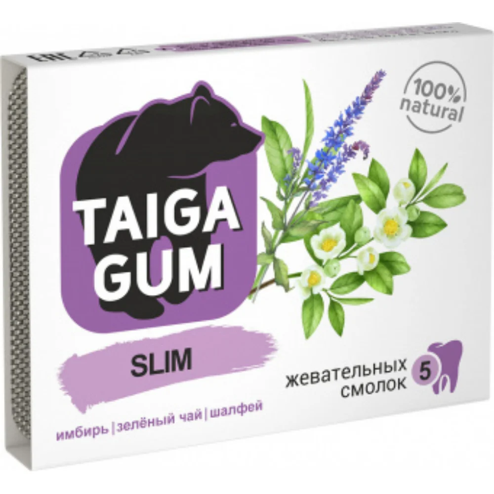 Смолка жевательная Taiga Gum "Slim" в растительной пудре без сахара 0,8г упаковка №5