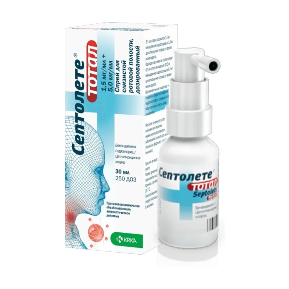 Септолете Тотал спрей для местного прим. 0,15мг/доза 0,5мг/доза 30мл флакон №1