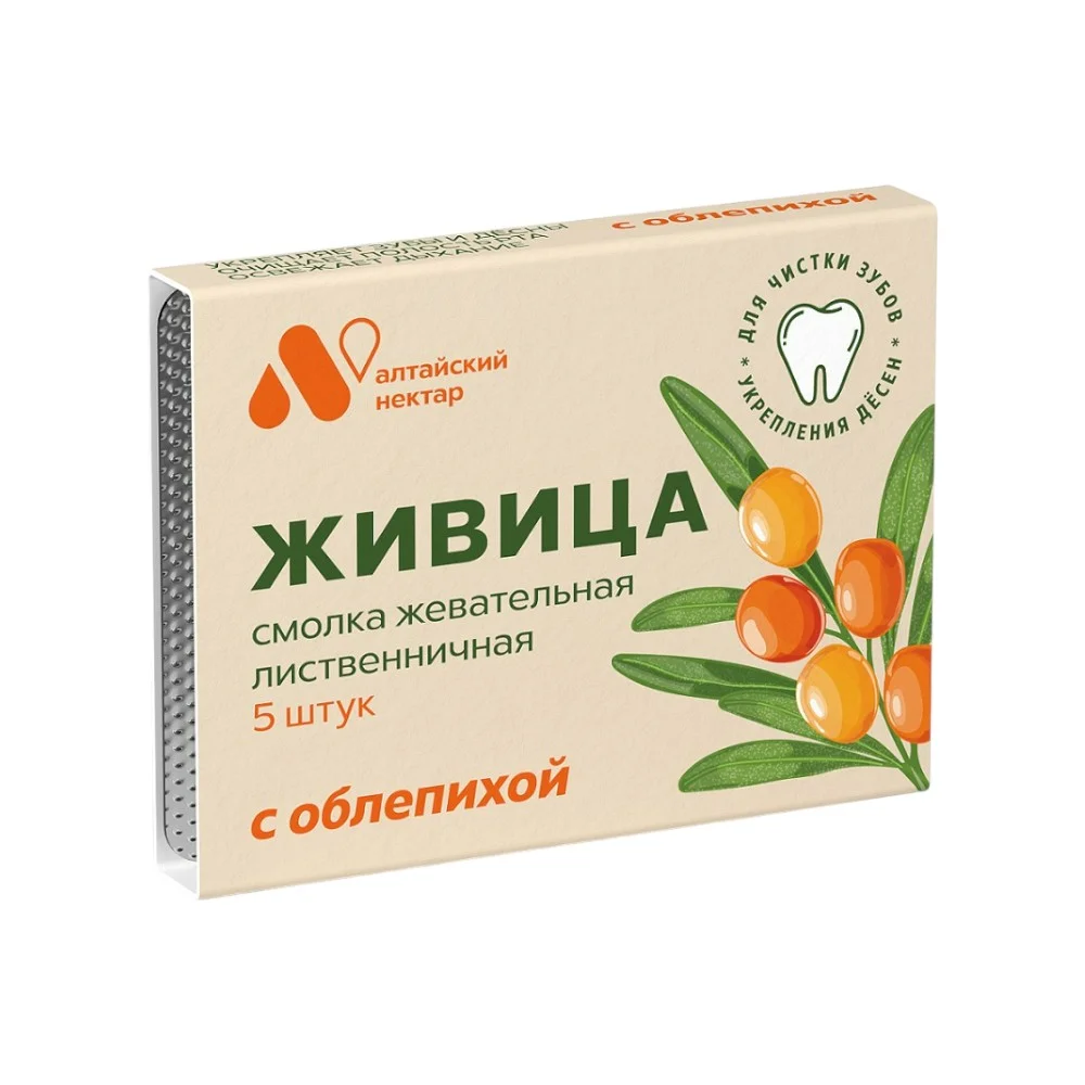 Смолка жевательная для чистки зубов и укрепления десен из смолы лиственницы сибирской с облепихой 0,8г №5