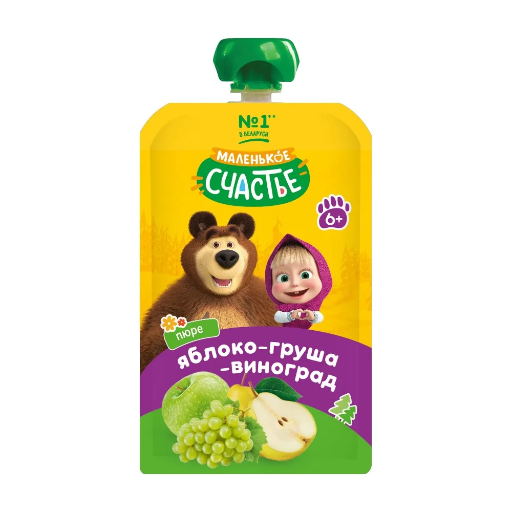 Пюре из яблок, груш и винограда "Маша и медведь" 180г дойпак №1
