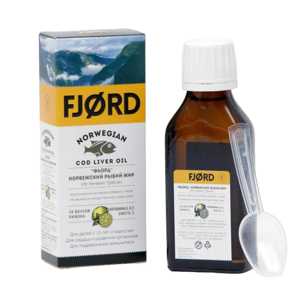 Фьорд Норвежский рыбий жир из печени трески БАД со вкусом лимона 100мл флакон №1