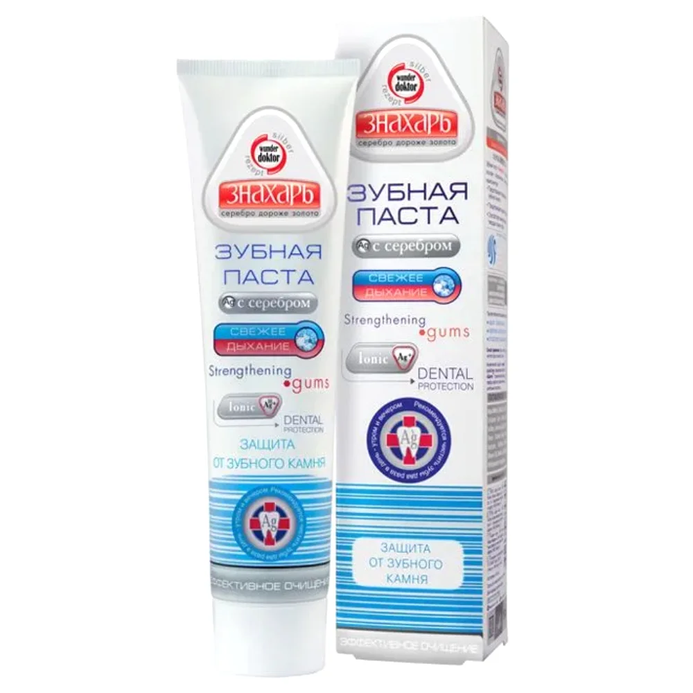 Зубная паста "Знахарь" с серебром защита от зубного камня 124г №1