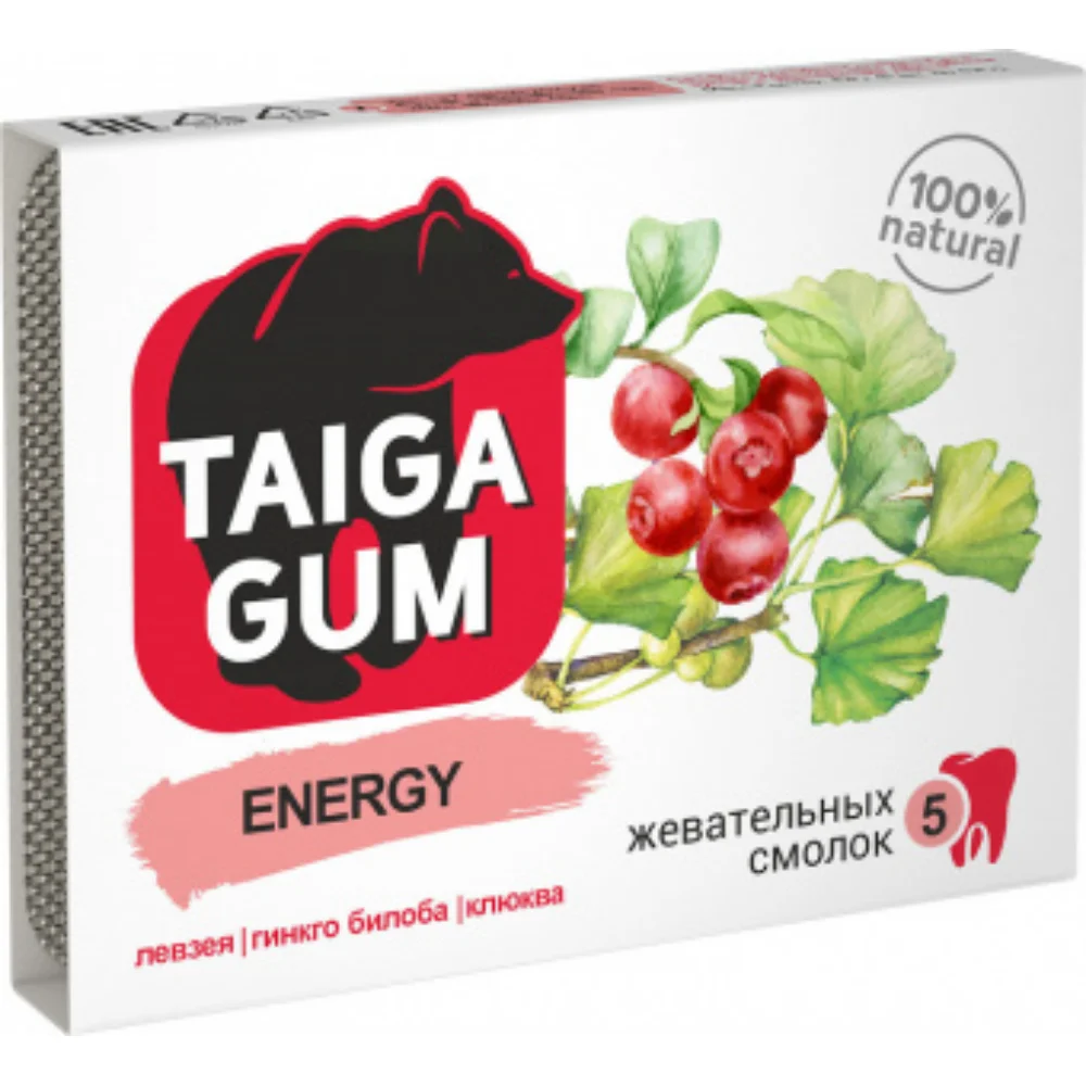 Смолка жевательная Taiga Gum "Energy" в растительной пудре без сахара 0,8г упаковка №5