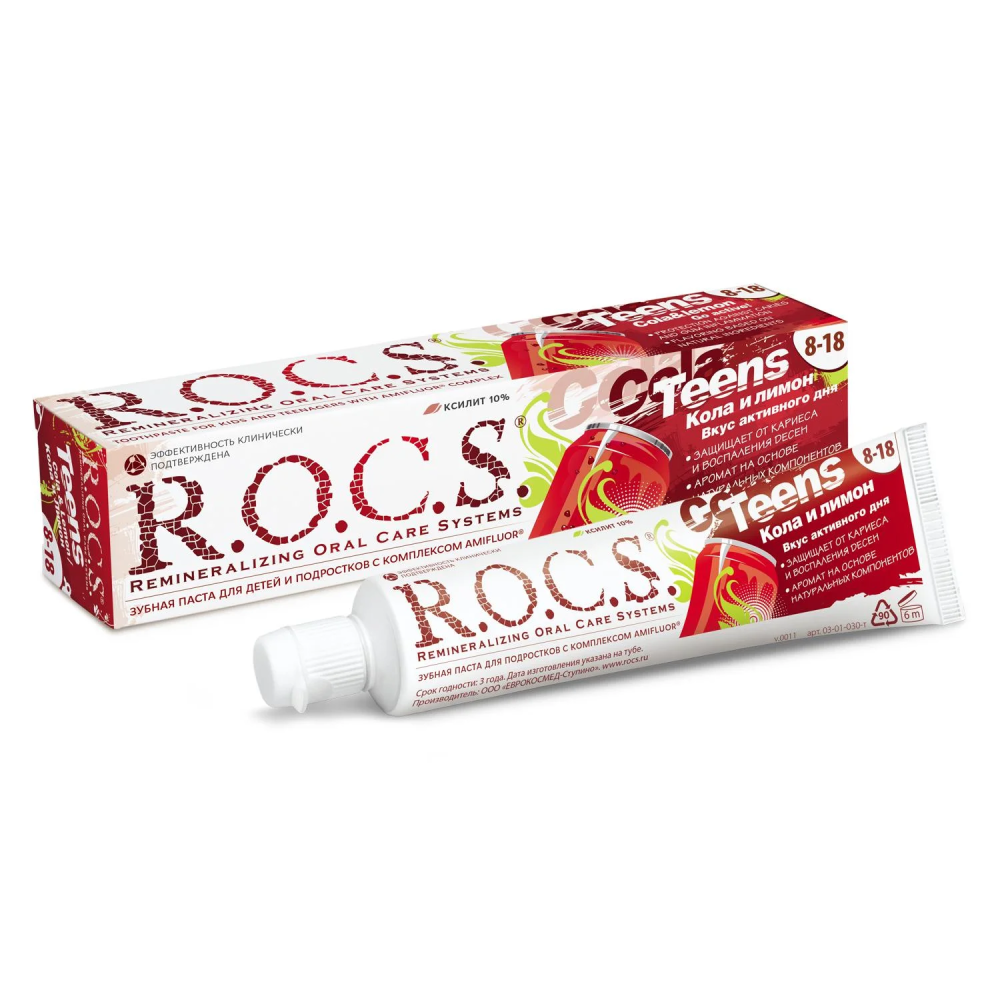 Зубная паста детская R.O.C.S. Teens для детей 8-18 лет Вкус активного дня. Кола и лимон 74г №1