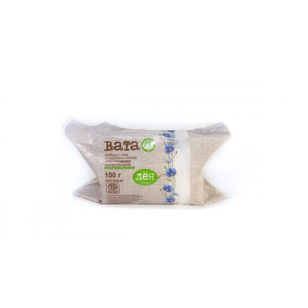 Вата мед. гигроскопич. хирургич. хлопко-льняная нестерильн. 100г упаковка №1