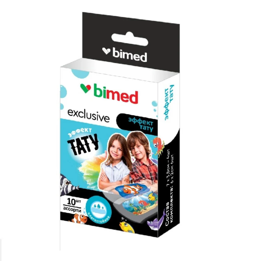 Пластырь "Бимед" медицинский влагостойкий пористый прозрачный с рисунком "Эффект Тату" набор №10