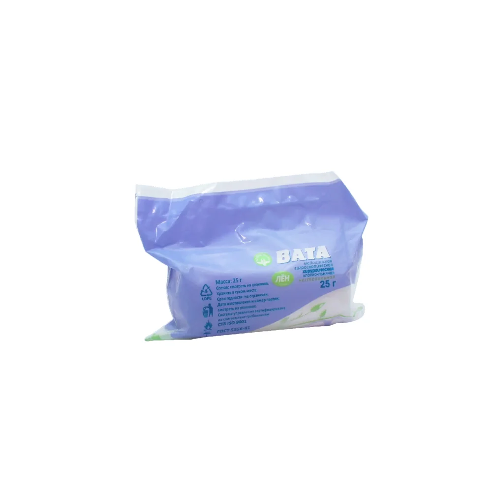 Вата мед. гигроскопич. хирургич. хлопко-льняная нестерильн. 25г упаковка №1