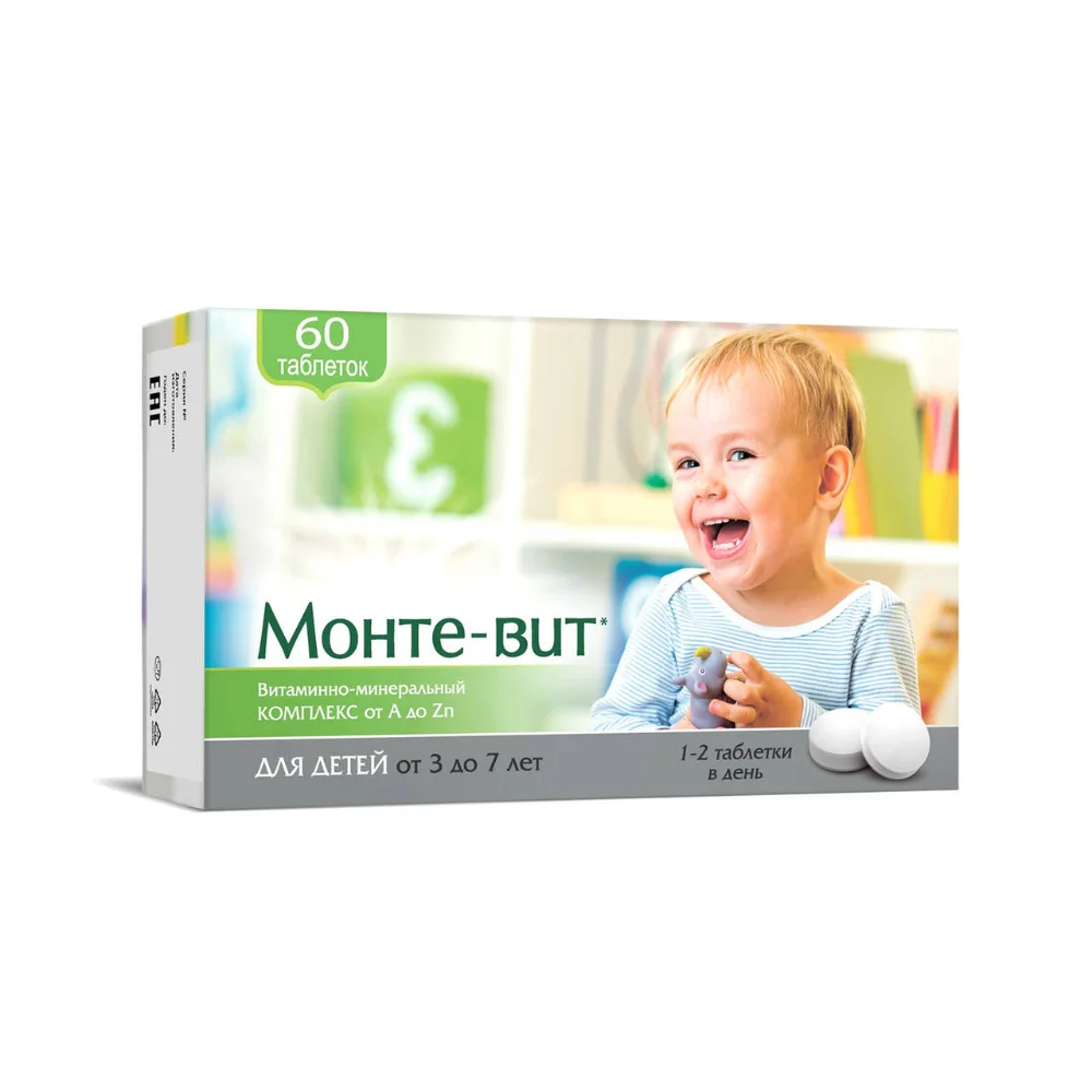 Монте-вит (Витаминно-минеральный комплекс от А до Zn) БАД таблетки для детей 3-7 лет 860мг упаковка №60