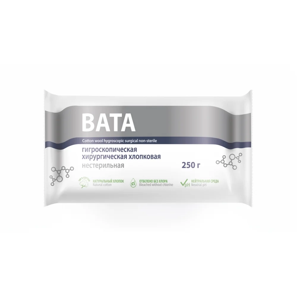 Вата гигроскопич. хирургич. хлопковая нестерильн. 250г упаковка №1