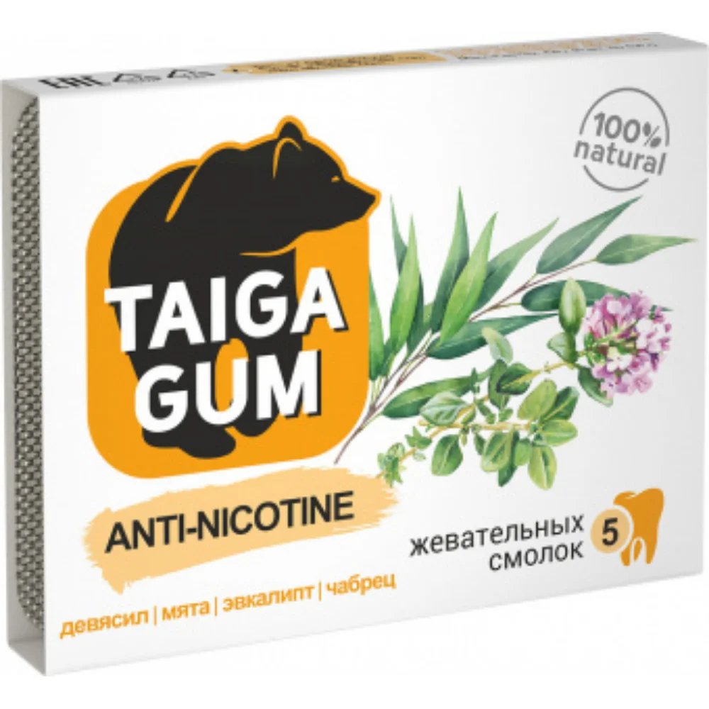 Смолка жевательная Taiga Gum "Anti-Nicotine" в растительной пудре без сахара 0,8г упаковка №5